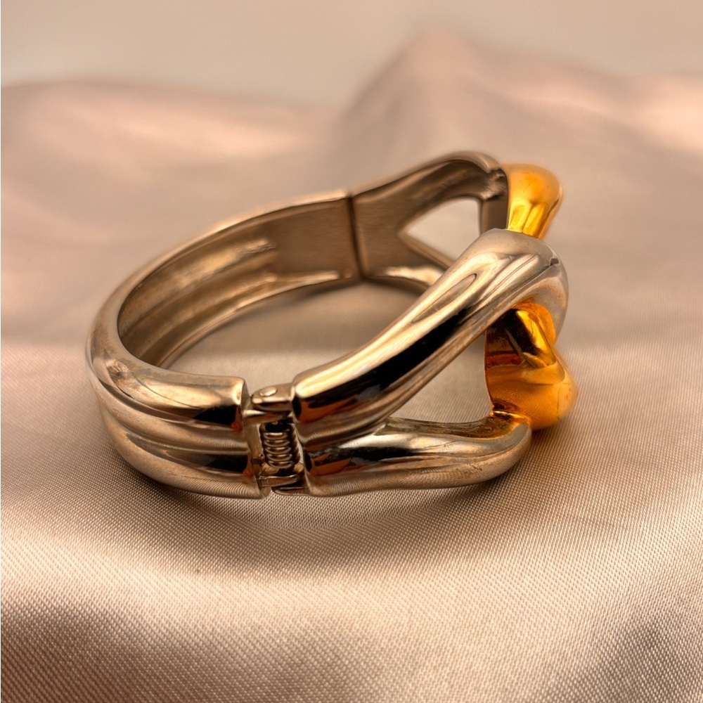 Bold Two-Tone Link Hinge Cuff Bangle Bracelet - Picture 7 of 12